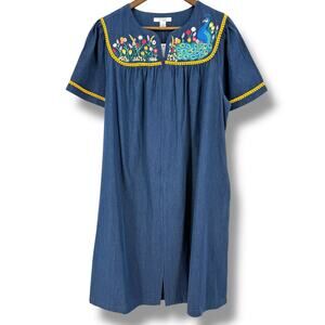 Go Softly Denim Embroidered Floral Peacock Patio Dress Sz Small Full Zip